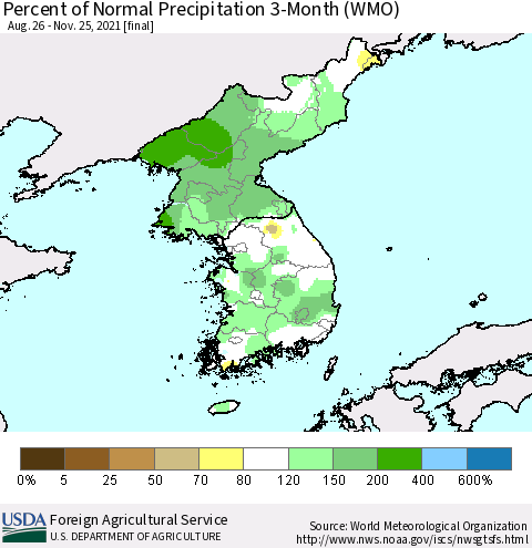 Korea Percent of Normal Precipitation 3-Month (WMO) Thematic Map For 8/26/2021 - 11/25/2021