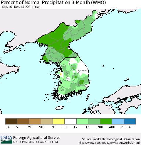 Korea Percent of Normal Precipitation 3-Month (WMO) Thematic Map For 9/16/2021 - 12/15/2021