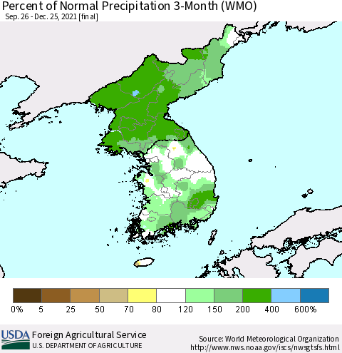 Korea Percent of Normal Precipitation 3-Month (WMO) Thematic Map For 9/26/2021 - 12/25/2021