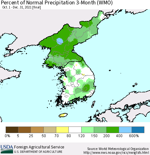 Korea Percent of Normal Precipitation 3-Month (WMO) Thematic Map For 10/1/2021 - 12/31/2021