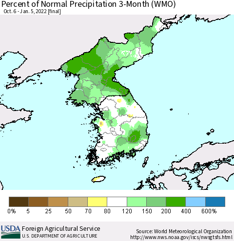 Korea Percent of Normal Precipitation 3-Month (WMO) Thematic Map For 10/6/2021 - 1/5/2022
