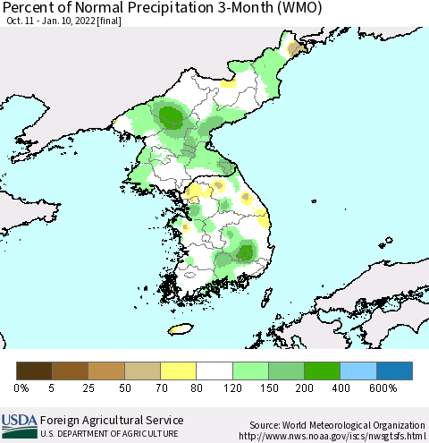 Korea Percent of Normal Precipitation 3-Month (WMO) Thematic Map For 10/11/2021 - 1/10/2022
