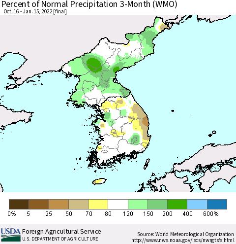 Korea Percent of Normal Precipitation 3-Month (WMO) Thematic Map For 10/16/2021 - 1/15/2022