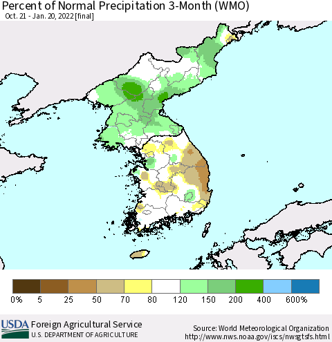 Korea Percent of Normal Precipitation 3-Month (WMO) Thematic Map For 10/21/2021 - 1/20/2022