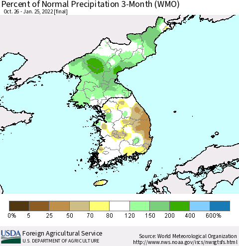 Korea Percent of Normal Precipitation 3-Month (WMO) Thematic Map For 10/26/2021 - 1/25/2022