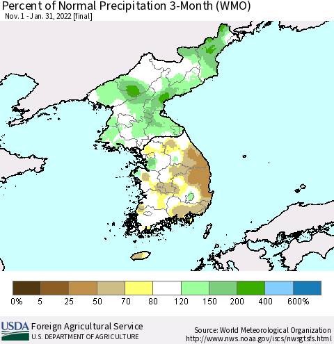 Korea Percent of Normal Precipitation 3-Month (WMO) Thematic Map For 11/1/2021 - 1/31/2022