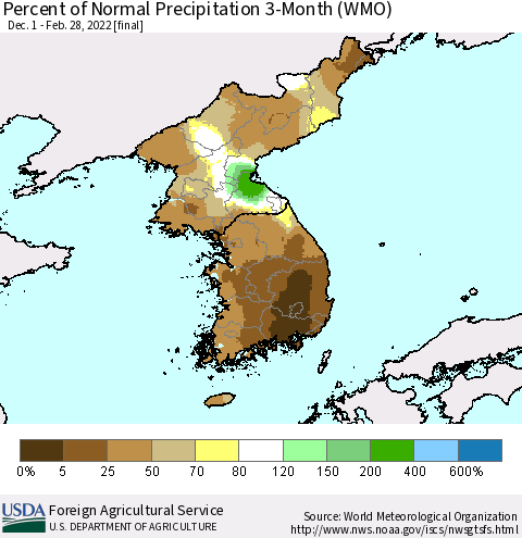 Korea Percent of Normal Precipitation 3-Month (WMO) Thematic Map For 12/1/2021 - 2/28/2022