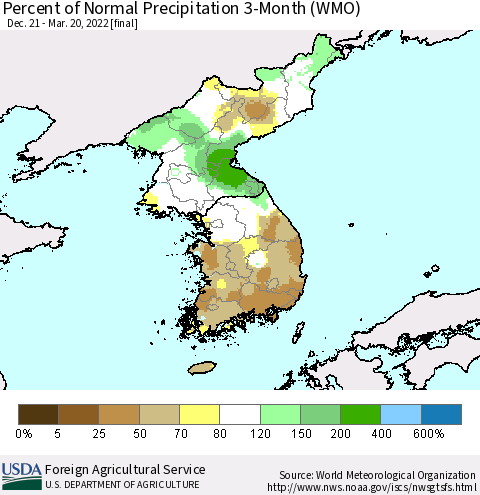 Korea Percent of Normal Precipitation 3-Month (WMO) Thematic Map For 12/21/2021 - 3/20/2022