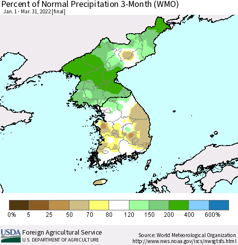 Korea Percent of Normal Precipitation 3-Month (WMO) Thematic Map For 1/1/2022 - 3/31/2022