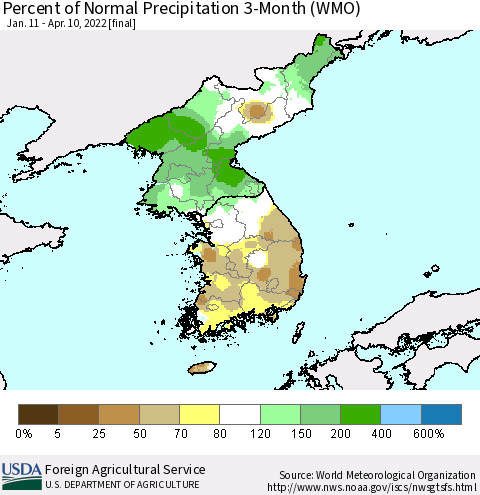 Korea Percent of Normal Precipitation 3-Month (WMO) Thematic Map For 1/11/2022 - 4/10/2022