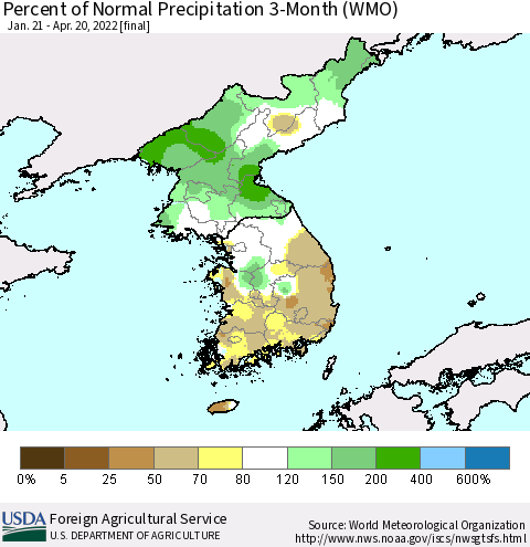 Korea Percent of Normal Precipitation 3-Month (WMO) Thematic Map For 1/21/2022 - 4/20/2022