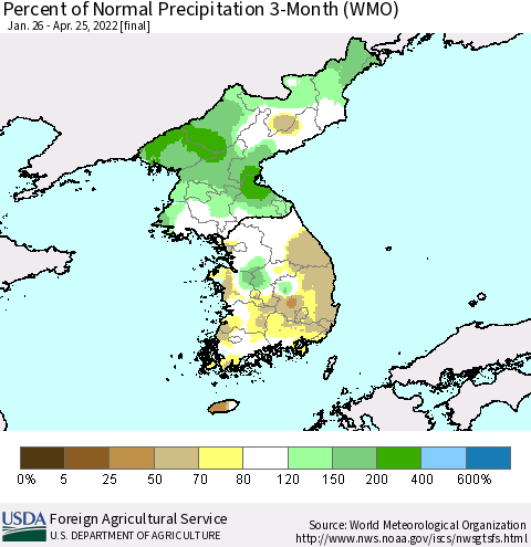 Korea Percent of Normal Precipitation 3-Month (WMO) Thematic Map For 1/26/2022 - 4/25/2022