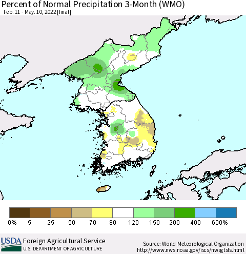 Korea Percent of Normal Precipitation 3-Month (WMO) Thematic Map For 2/11/2022 - 5/10/2022
