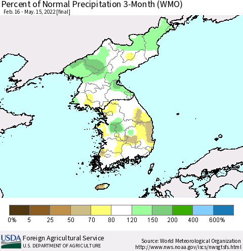 Korea Percent of Normal Precipitation 3-Month (WMO) Thematic Map For 2/16/2022 - 5/15/2022