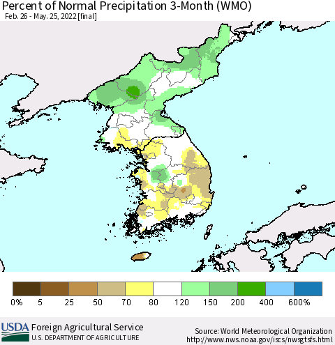 Korea Percent of Normal Precipitation 3-Month (WMO) Thematic Map For 2/26/2022 - 5/25/2022