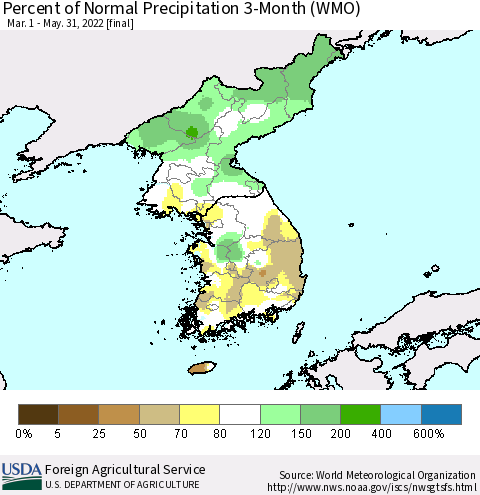Korea Percent of Normal Precipitation 3-Month (WMO) Thematic Map For 3/1/2022 - 5/31/2022