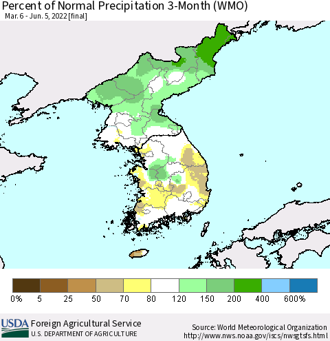Korea Percent of Normal Precipitation 3-Month (WMO) Thematic Map For 3/6/2022 - 6/5/2022