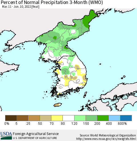 Korea Percent of Normal Precipitation 3-Month (WMO) Thematic Map For 3/11/2022 - 6/10/2022