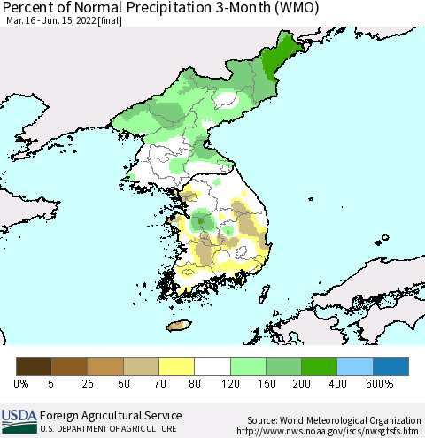 Korea Percent of Normal Precipitation 3-Month (WMO) Thematic Map For 3/16/2022 - 6/15/2022