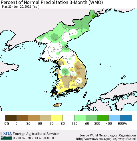 Korea Percent of Normal Precipitation 3-Month (WMO) Thematic Map For 3/21/2022 - 6/20/2022