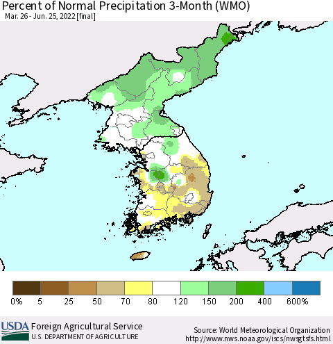 Korea Percent of Normal Precipitation 3-Month (WMO) Thematic Map For 3/26/2022 - 6/25/2022