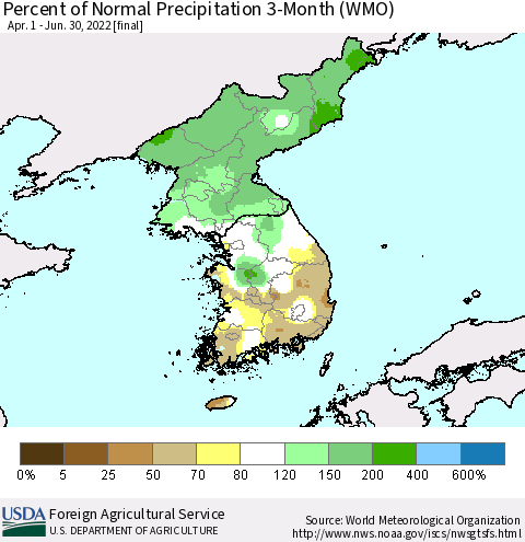Korea Percent of Normal Precipitation 3-Month (WMO) Thematic Map For 4/1/2022 - 6/30/2022