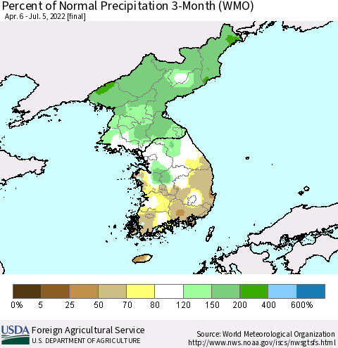 Korea Percent of Normal Precipitation 3-Month (WMO) Thematic Map For 4/6/2022 - 7/5/2022