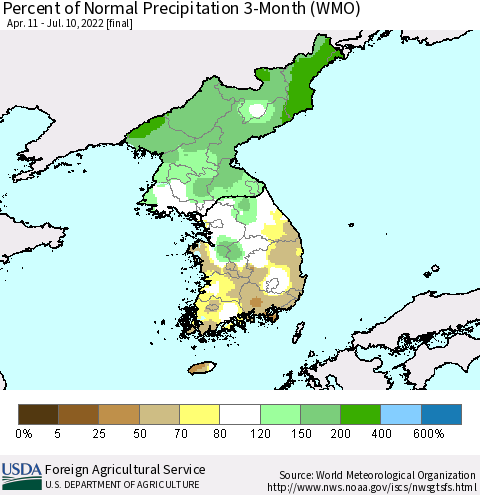 Korea Percent of Normal Precipitation 3-Month (WMO) Thematic Map For 4/11/2022 - 7/10/2022
