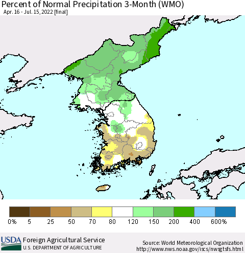 Korea Percent of Normal Precipitation 3-Month (WMO) Thematic Map For 4/16/2022 - 7/15/2022