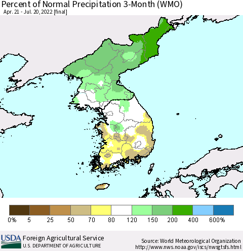 Korea Percent of Normal Precipitation 3-Month (WMO) Thematic Map For 4/21/2022 - 7/20/2022