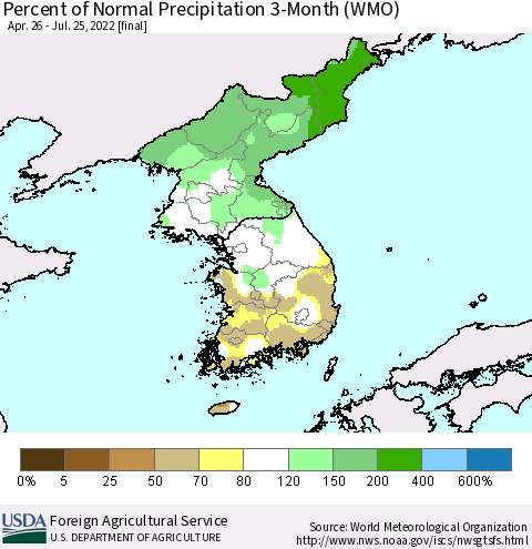 Korea Percent of Normal Precipitation 3-Month (WMO) Thematic Map For 4/26/2022 - 7/25/2022