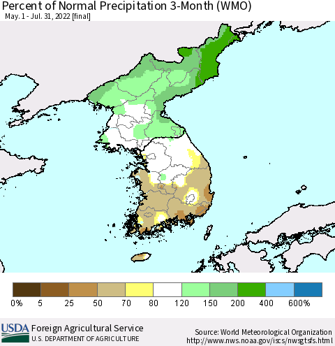 Korea Percent of Normal Precipitation 3-Month (WMO) Thematic Map For 5/1/2022 - 7/31/2022