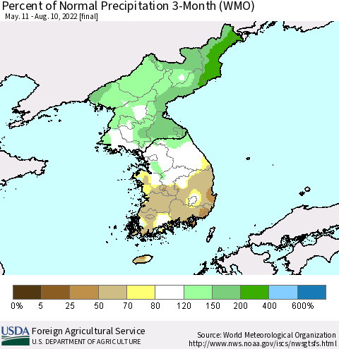 Korea Percent of Normal Precipitation 3-Month (WMO) Thematic Map For 5/11/2022 - 8/10/2022