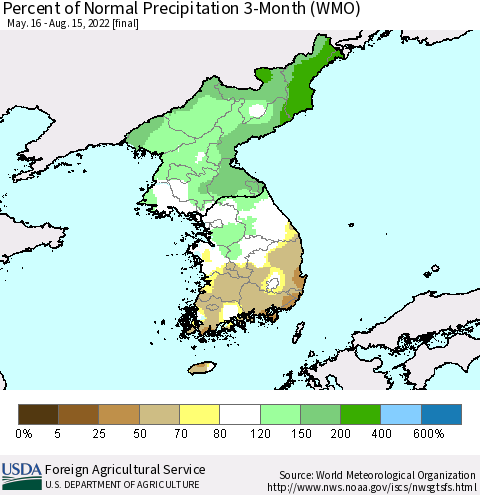 Korea Percent of Normal Precipitation 3-Month (WMO) Thematic Map For 5/16/2022 - 8/15/2022