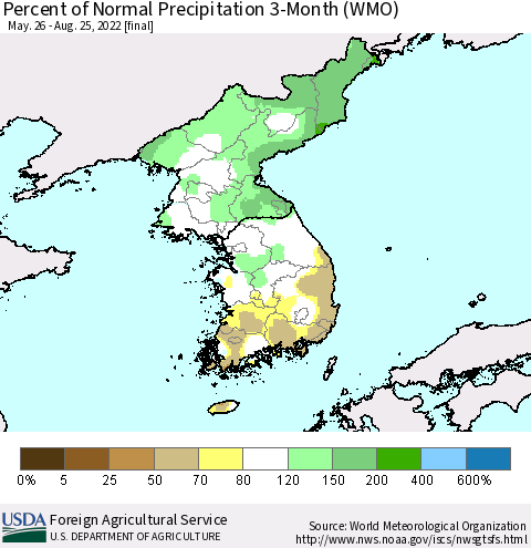 Korea Percent of Normal Precipitation 3-Month (WMO) Thematic Map For 5/26/2022 - 8/25/2022