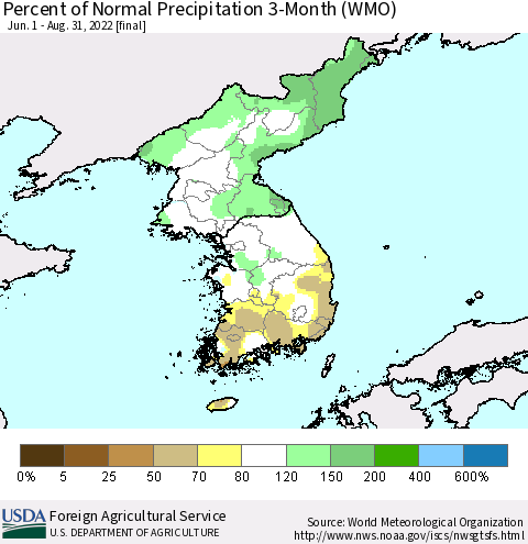 Korea Percent of Normal Precipitation 3-Month (WMO) Thematic Map For 6/1/2022 - 8/31/2022