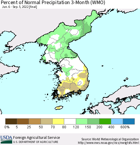 Korea Percent of Normal Precipitation 3-Month (WMO) Thematic Map For 6/6/2022 - 9/5/2022