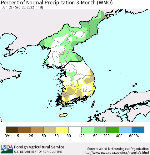Korea Percent of Normal Precipitation 3-Month (WMO) Thematic Map For 6/21/2022 - 9/20/2022
