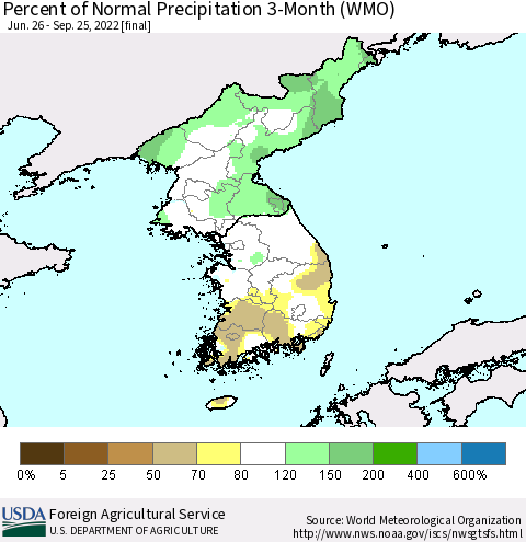 Korea Percent of Normal Precipitation 3-Month (WMO) Thematic Map For 6/26/2022 - 9/25/2022