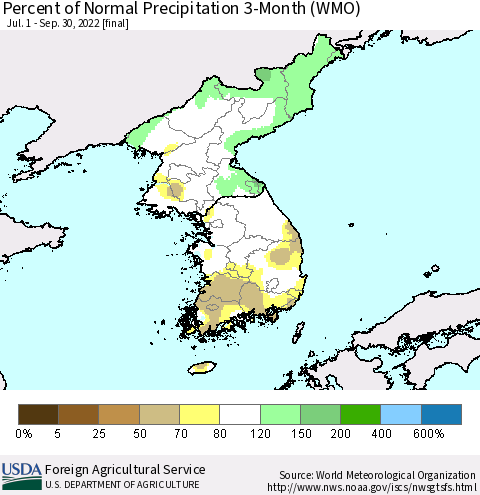 Korea Percent of Normal Precipitation 3-Month (WMO) Thematic Map For 7/1/2022 - 9/30/2022