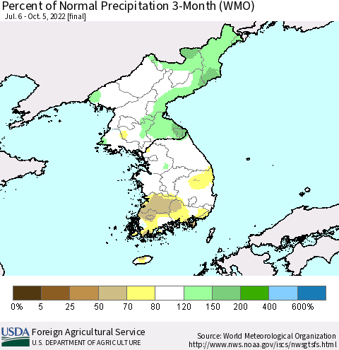 Korea Percent of Normal Precipitation 3-Month (WMO) Thematic Map For 7/6/2022 - 10/5/2022