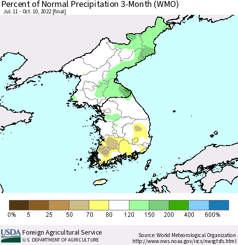 Korea Percent of Normal Precipitation 3-Month (WMO) Thematic Map For 7/11/2022 - 10/10/2022