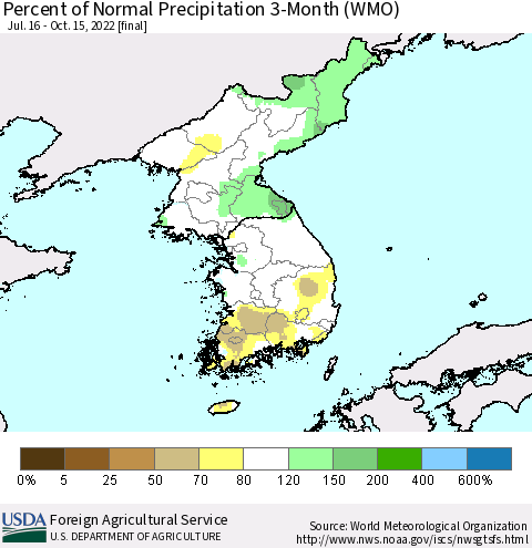 Korea Percent of Normal Precipitation 3-Month (WMO) Thematic Map For 7/16/2022 - 10/15/2022