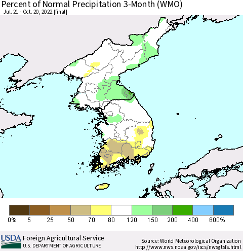 Korea Percent of Normal Precipitation 3-Month (WMO) Thematic Map For 7/21/2022 - 10/20/2022