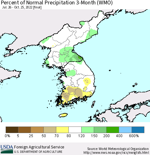 Korea Percent of Normal Precipitation 3-Month (WMO) Thematic Map For 7/26/2022 - 10/25/2022