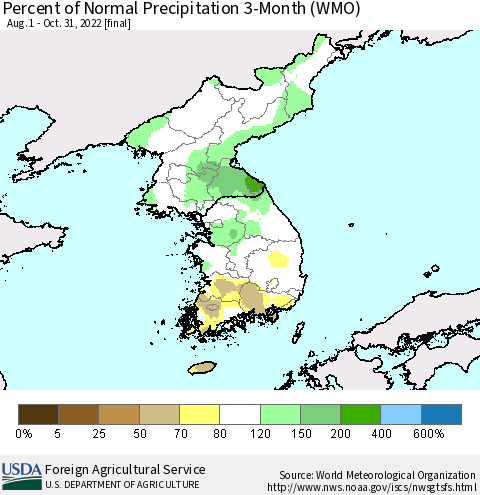 Korea Percent of Normal Precipitation 3-Month (WMO) Thematic Map For 8/1/2022 - 10/31/2022