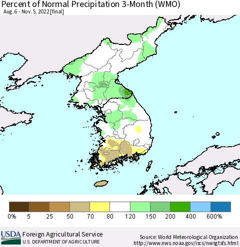 Korea Percent of Normal Precipitation 3-Month (WMO) Thematic Map For 8/6/2022 - 11/5/2022