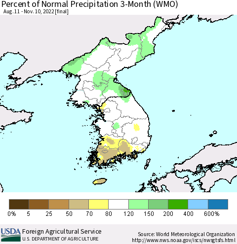 Korea Percent of Normal Precipitation 3-Month (WMO) Thematic Map For 8/11/2022 - 11/10/2022