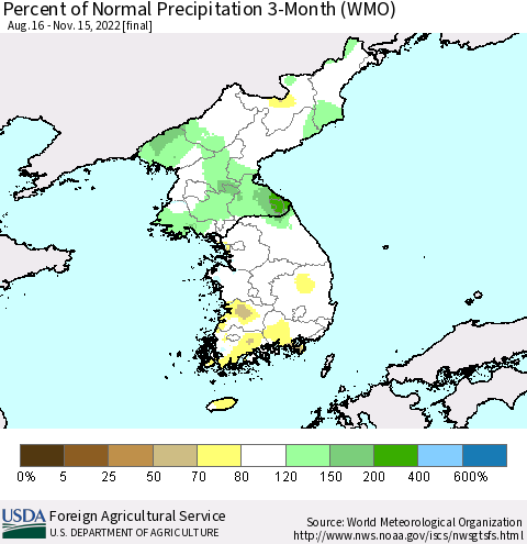 Korea Percent of Normal Precipitation 3-Month (WMO) Thematic Map For 8/16/2022 - 11/15/2022