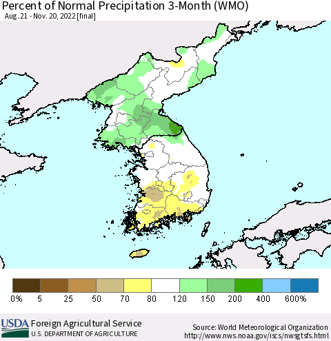 Korea Percent of Normal Precipitation 3-Month (WMO) Thematic Map For 8/21/2022 - 11/20/2022